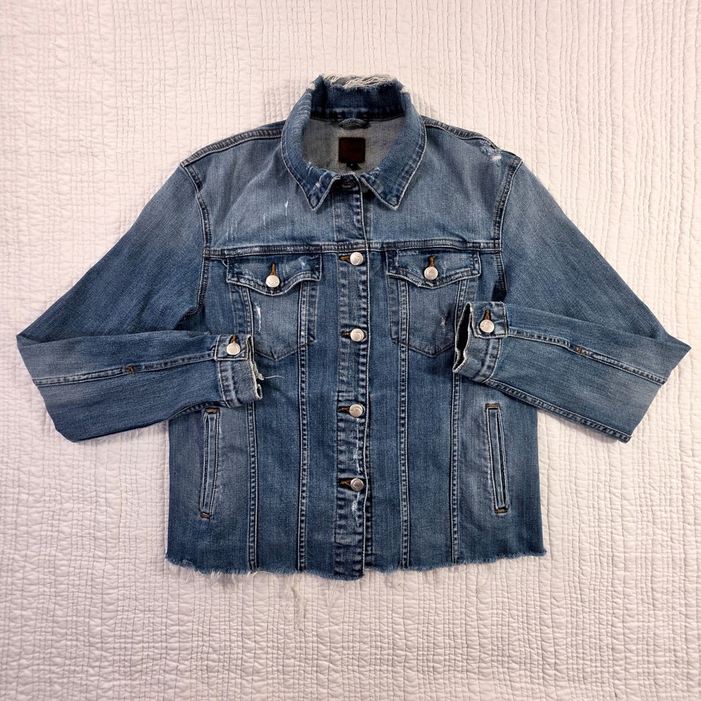 Joe's Jeans Denim Jacket Women Small Blue EUC Distressed Raw Hem Frannie
